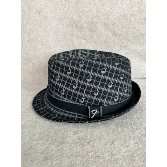 FENDER Guitar BLACK FEDORA HAT L XL Axe gray PRINT Plaid unisex cotton music Men - Picture 4 of 4